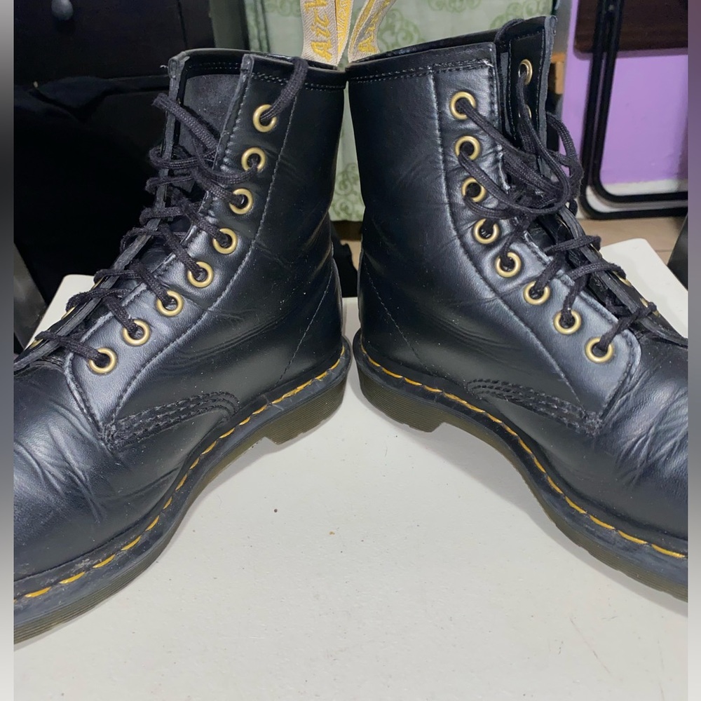 Dr. Martens Black Leather Lace-Up Boots with Yellow Stitching - Picture 7 of 9